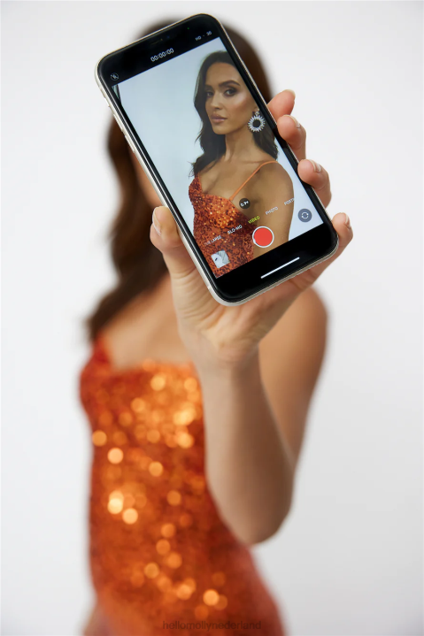 disco dansende maxi jurk oranje pailletten Hello Molly T6BF6371 kleding