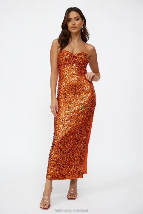 disco dansende maxi jurk oranje pailletten Hello Molly T6BF6371 kleding