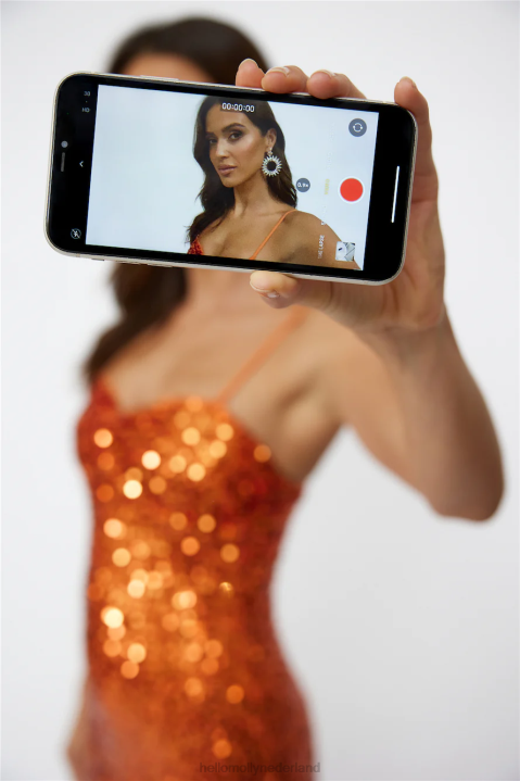 disco dansende maxi jurk oranje pailletten Hello Molly T6BF6371 kleding