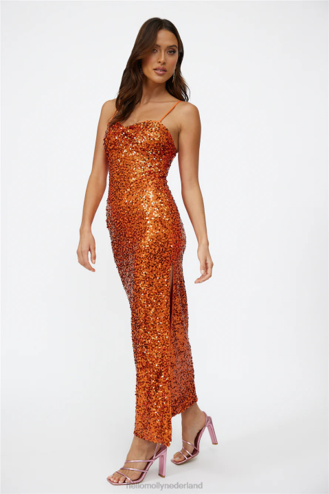 disco dansende maxi jurk oranje pailletten Hello Molly T6BF6371 kleding