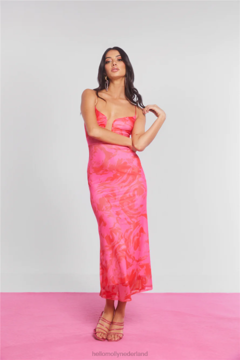 Wine and Dine Me mesh midi-jurk roze Hello Molly T6BF4851 kleding