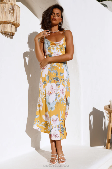 bloeiende tulpen midi-jurk geel Hello Molly T6BF4475 kleding